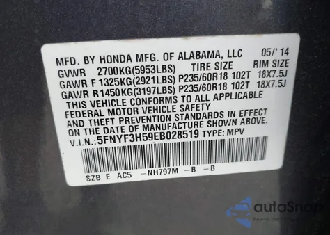 2014 Honda Pilot Ex-L z USA, uszkodzony, nr VIN 5FNYF3H59EB028519